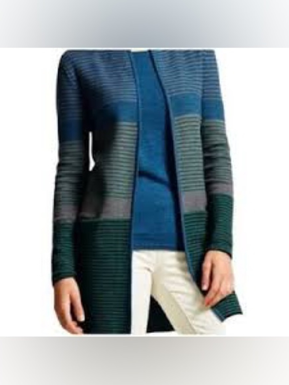 Talbots Striped Open-Front Womens Cardigan Sweater - Teal/Blue/Gray